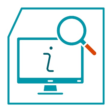 A computer screen with an information icon on it. The computer is next to a magnifying glass.