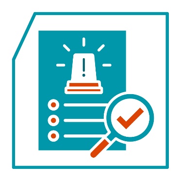 A document with an emergency icon on it. Next to the document is a magnifying glass that shows a tick.
