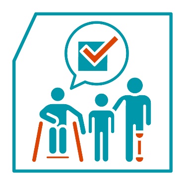 3 people with disability. Above them is a speech bubble that shows a ticked check box.
