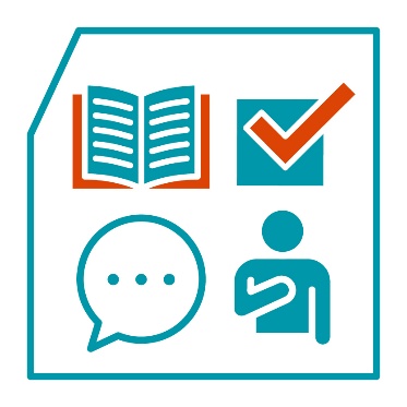 A book, a ticked check box, a speech bubble and a person pointing to themself.