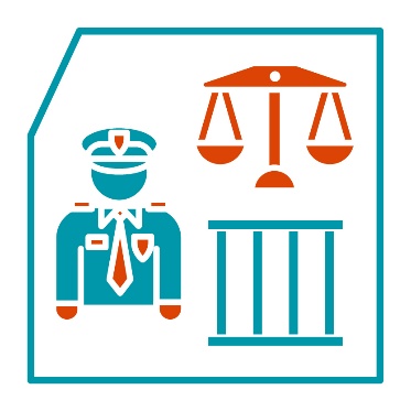 A police officer, balanced scale and a prison cell.