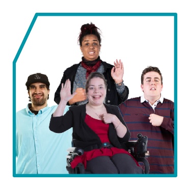 A group of people with disability pointing to themselves.