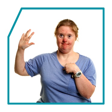 A person with disability pointing to themself and raising their other hand.