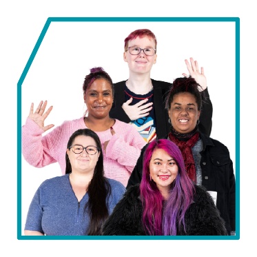 A group of women with disability pointing to themselves.