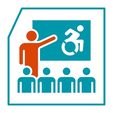 A group of people listening to a teacher. The teacher is pointing to a disability icon on a board.