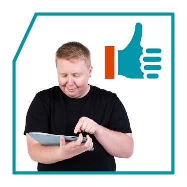 A person using a tablet. Next to them is a thumbs up.