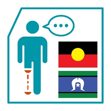 A person with disability next to the Aboriginal flag and the Torres Strait Islander flag. 