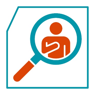 A magnifying glass that shows a person pointing to themself.