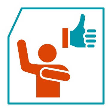 A person pointing to themself and raising their other hand. Above them is a thumbs up.