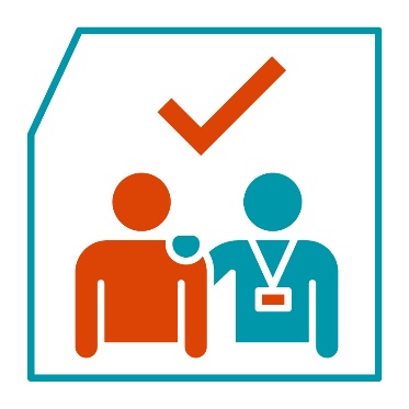 A provider supporting someone. Above them is a tick.