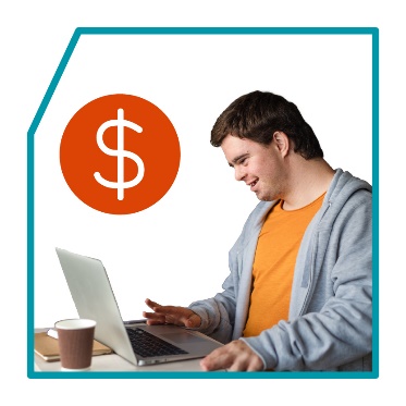A person using a laptop. Above them is a dollar sign.