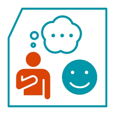 A person pointing to themself next to a smiley face. Above them is a thought bubble.