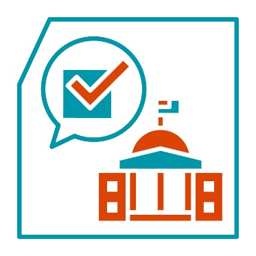 A speech bubble with a ticked check box in it. Next to the bubble is a government building. 