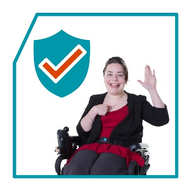 A safety shield next to a person pointing to themself.